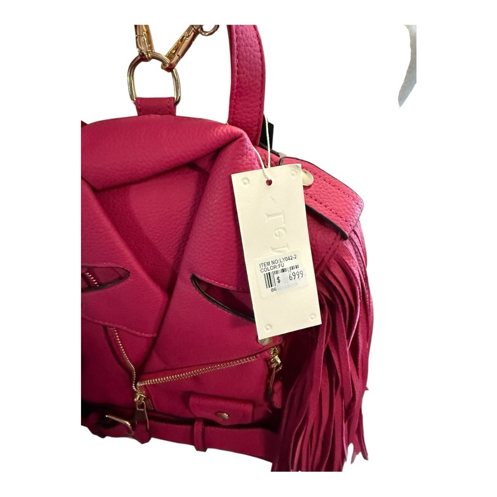 La Miel Fuchsia Pink Fringe Motorcycle Jacket Backpack Vegan Leather Bag NWT - Picture 2 of 10